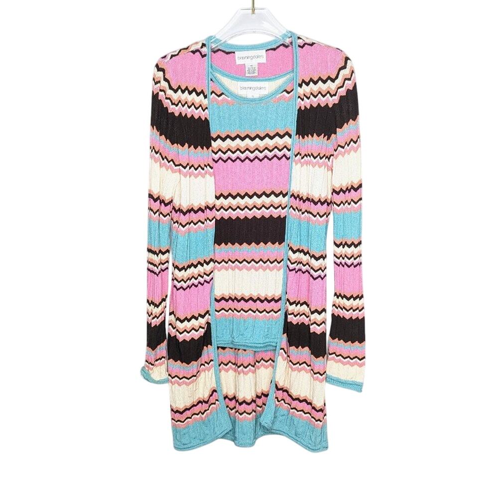 Bloomingdale's Vintage Pink Chevron Striped Set Tank And Cardigan Long Sleeve